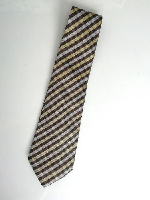 Krawat jedwabny kratka brąz szary żółty gold KAILONG jedwab jakość