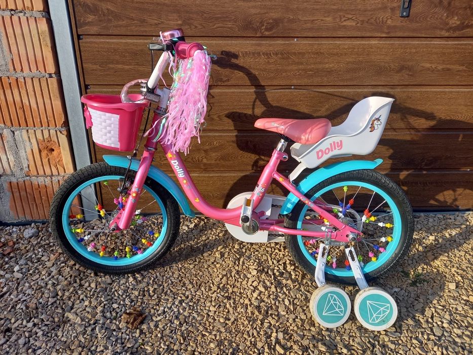 Rower dziecięcy Dolly 16” – różowo-miętowy, z koszyczkiem i fotelikiem