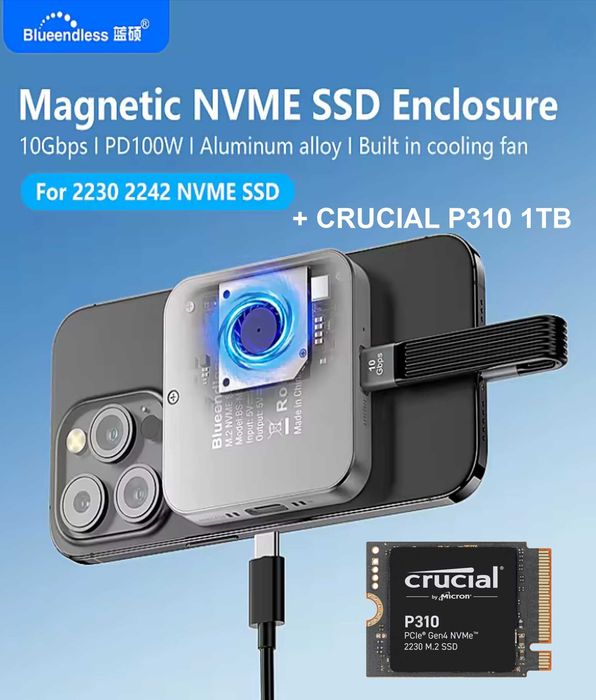 Mini dysk magnetyczny SSD 1TB USB-C 3.2 1GB/s / obudowa + dysk Crucial