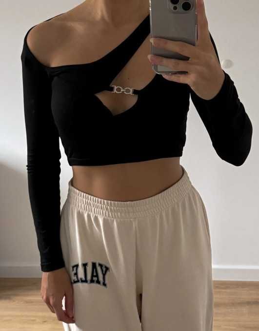 Bluzka crop top z długim rękawem ozdobny wycięty dekolt s m