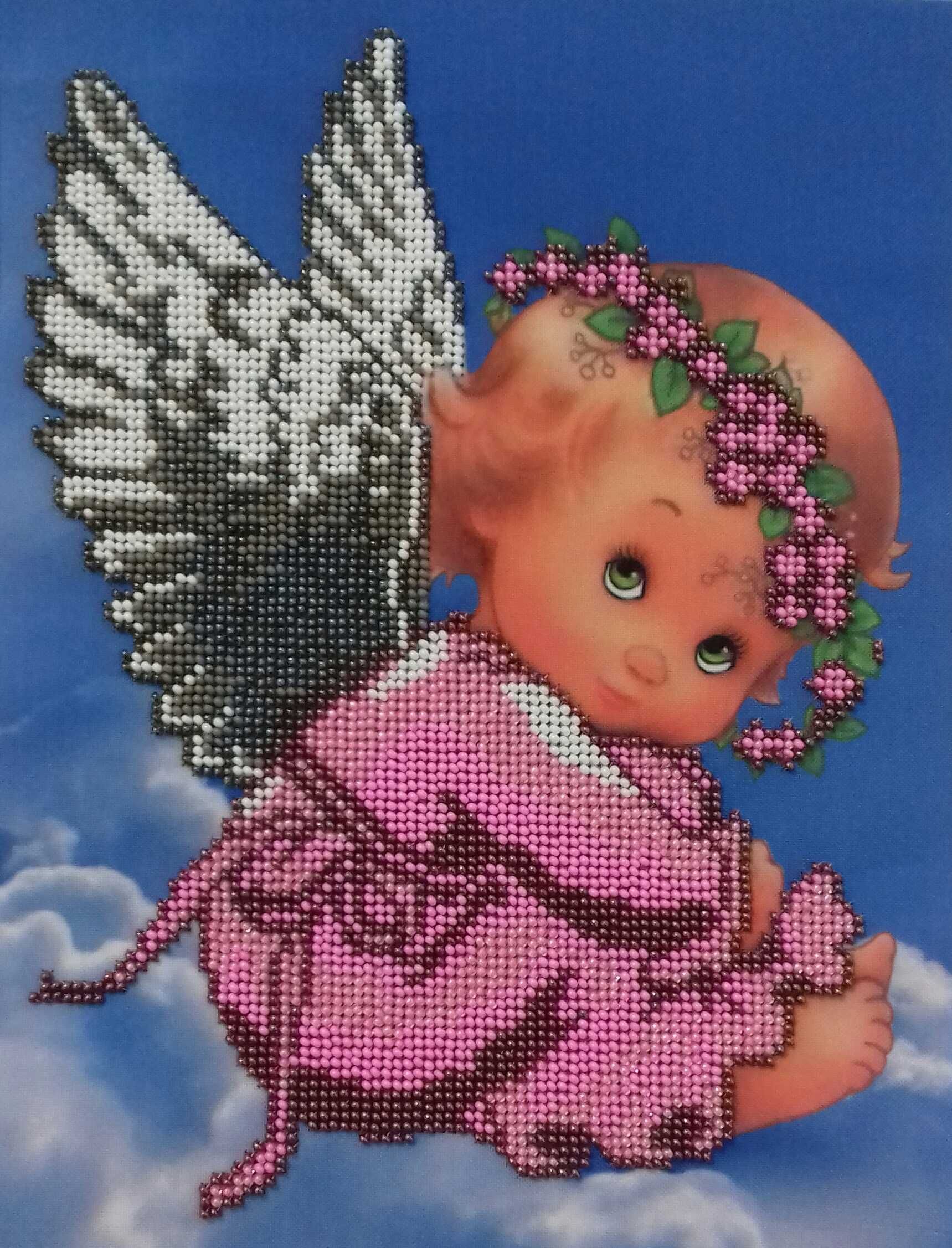 Quadro em bordado com miçangas à mão "Anjo - menina"