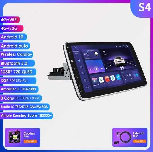 Autorrádio 1din 10" QLED Carplay/Android Auto WI-FI + 4G, GPS 4GB+32GB