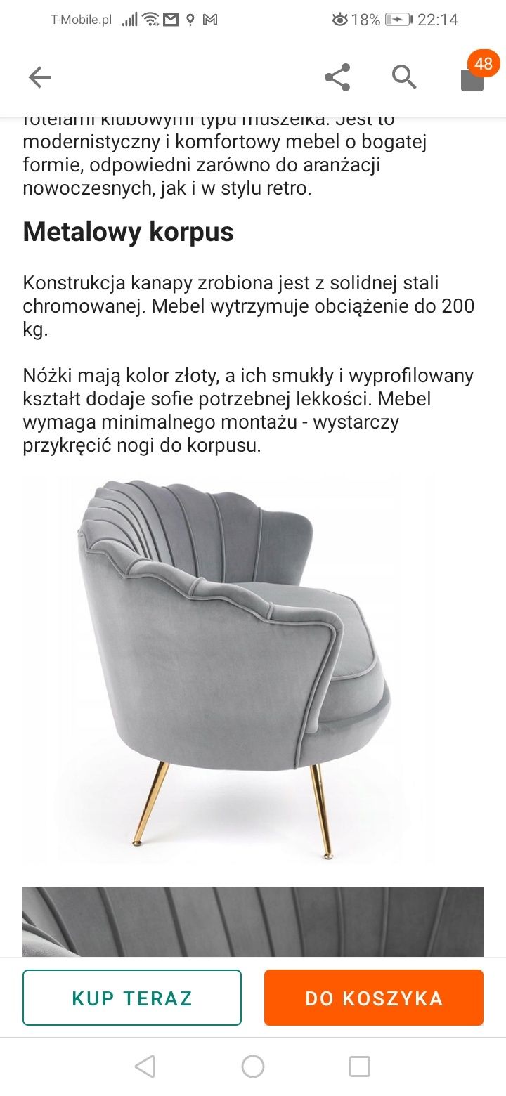 Sofa dwuosobowa muszelka glamour XL