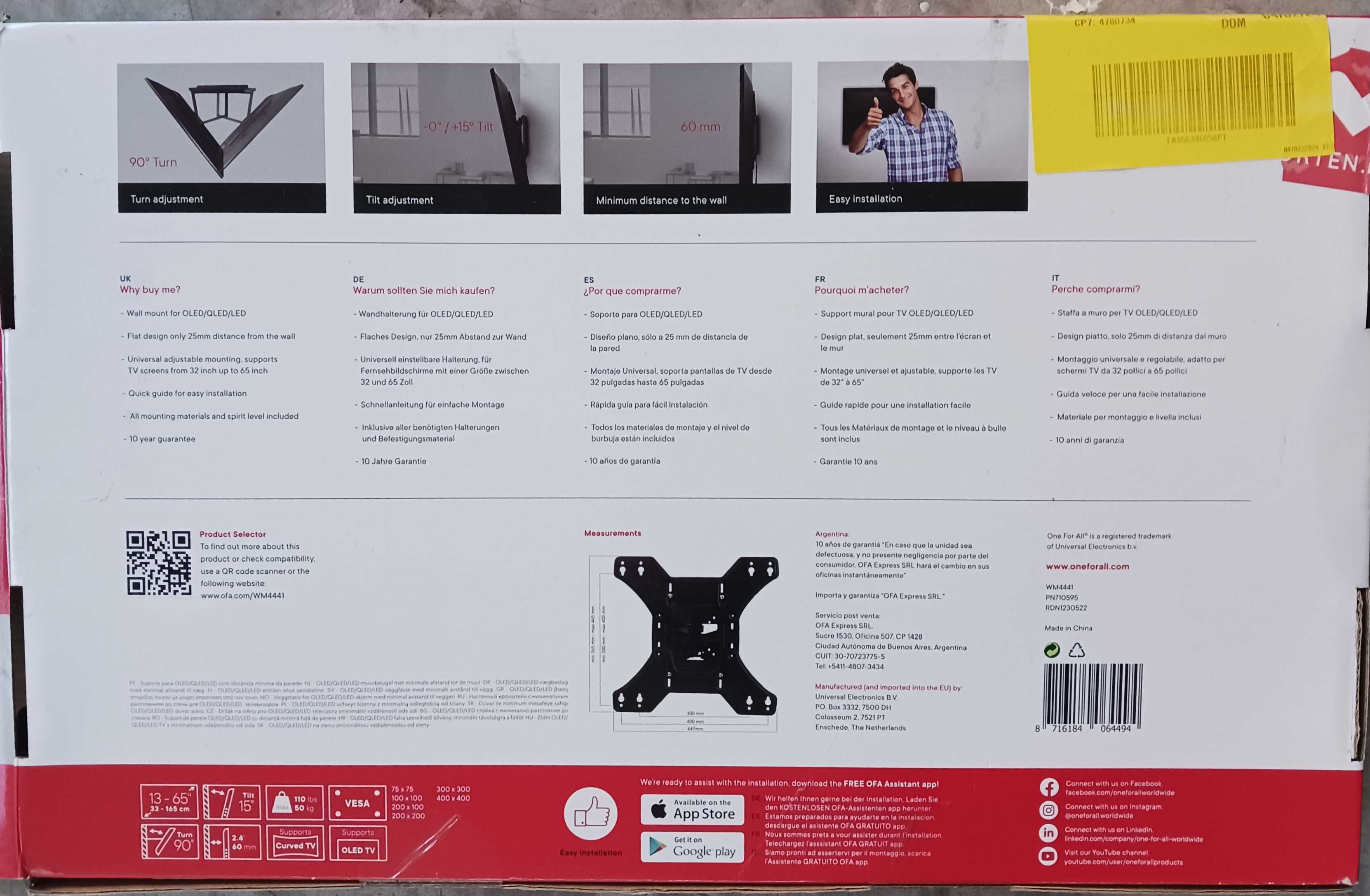 Suporte de TV ONE FOR ALL WM 4451 (Ajustável 13'' a 65'' Até 50 kg)
