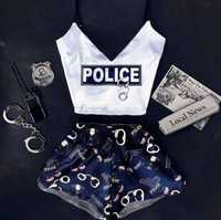 Атласная шелковая женская пижама комплект топ+шорты с принтом Полиция