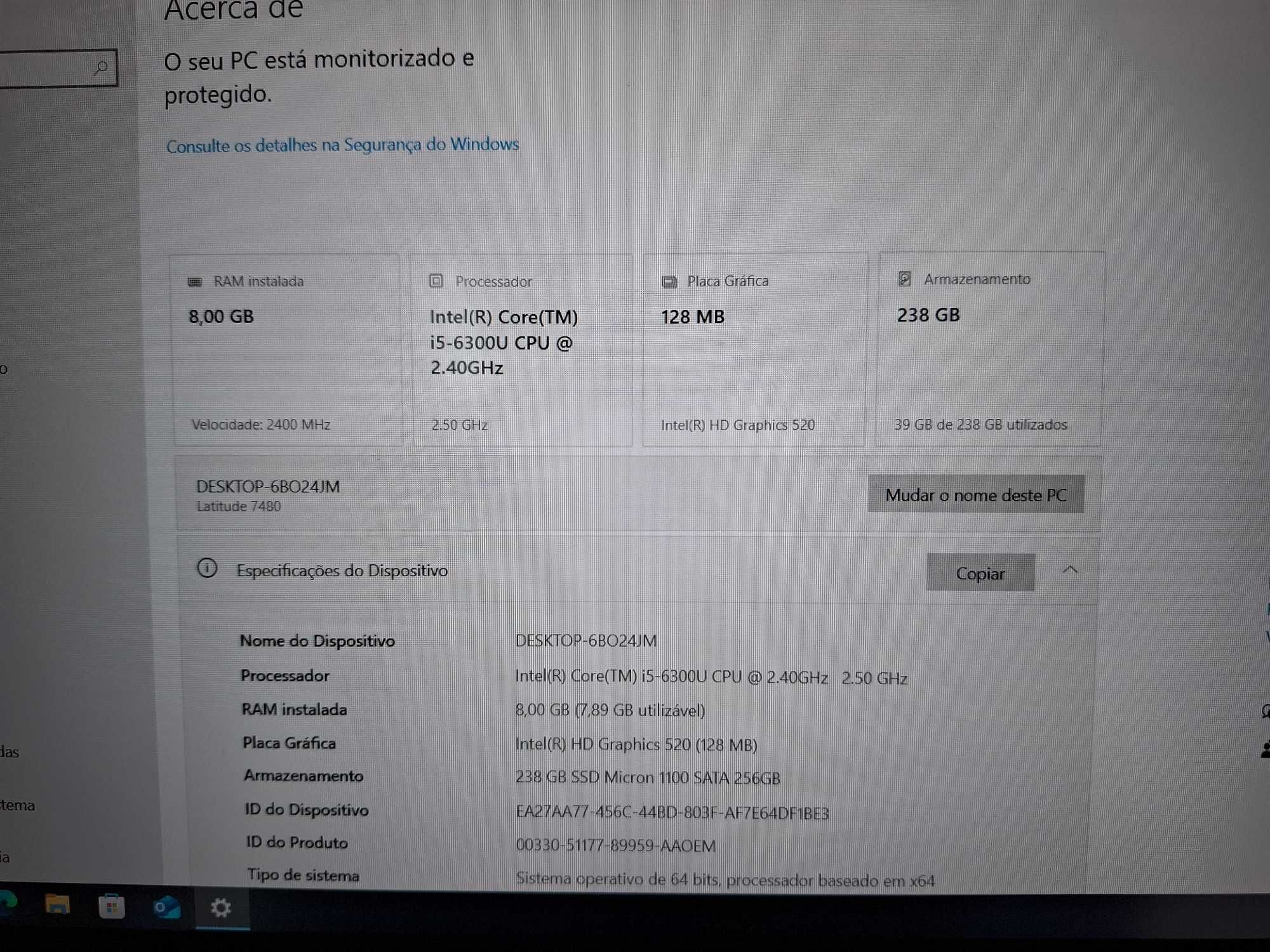 Portatil DELL Latitude 7480 i5 8GB 250GB SSD Win 10 Pro 180€