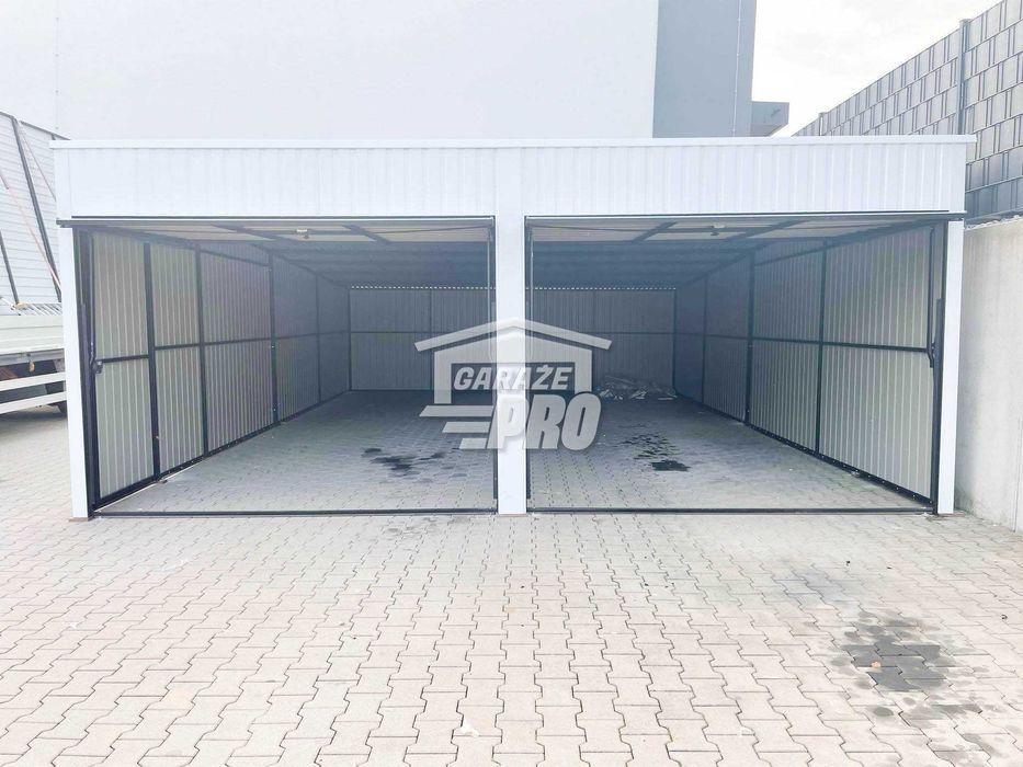 Garaż blaszany 6x7 Brama uchylna x2 + drzwi biały spad w tył GP140