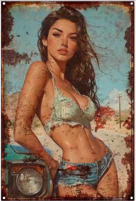 Металлическая винтажная табличка «Девушка на пикапе» 14x20 см