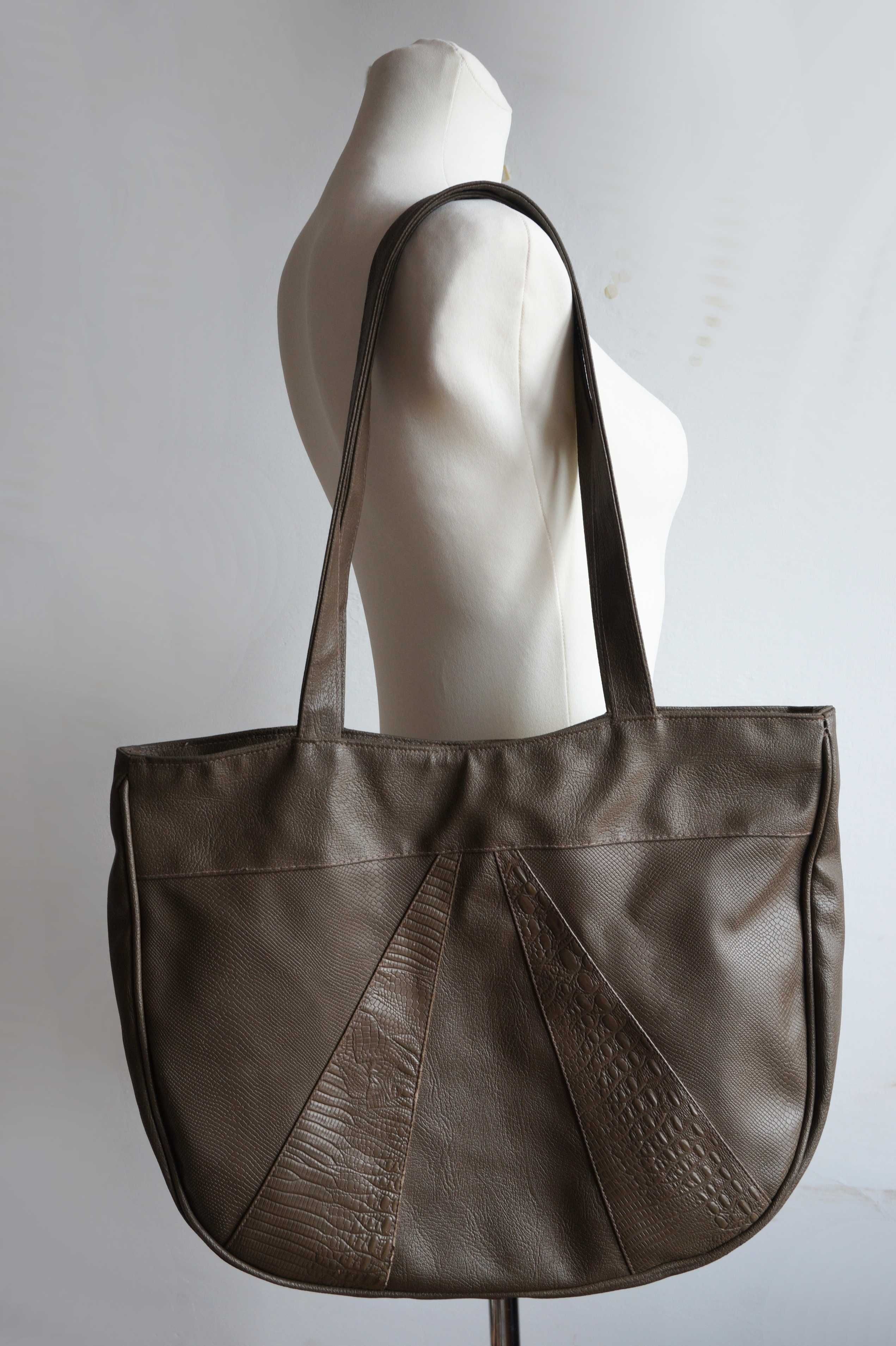 Wielka torba shopper brąz taupe wzór krokodyl