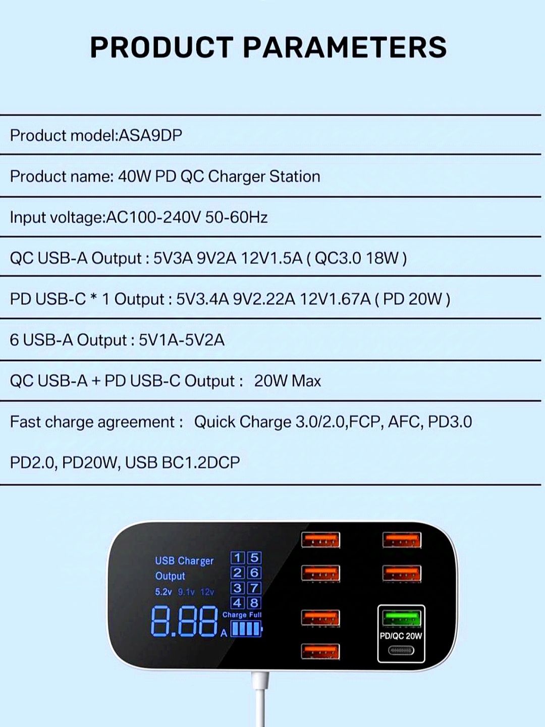 Зарядна станція QC3.0 ASOMETECH A9D