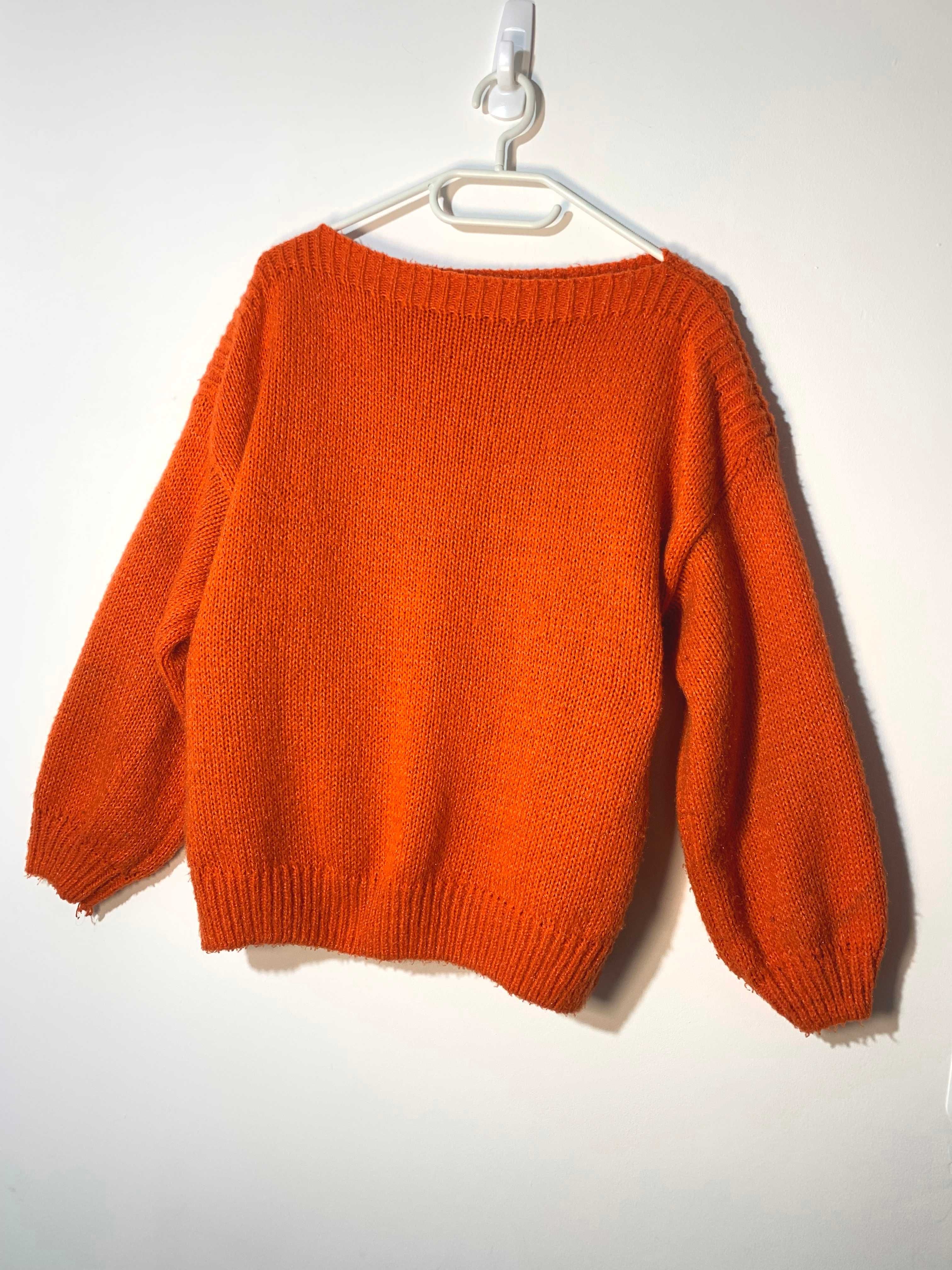 sweter żywy oranż pomarańcz M bufiaste rękawy 7/8 łódka S M oversize