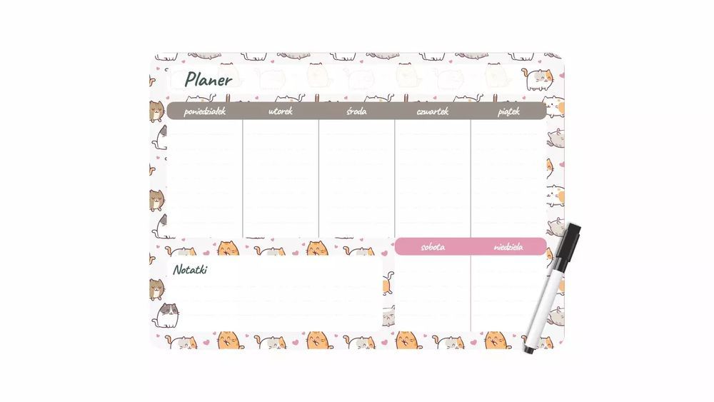 Planer magnetyczny 35x25 tygodniowy z nadrukiem kittens. Biurfol