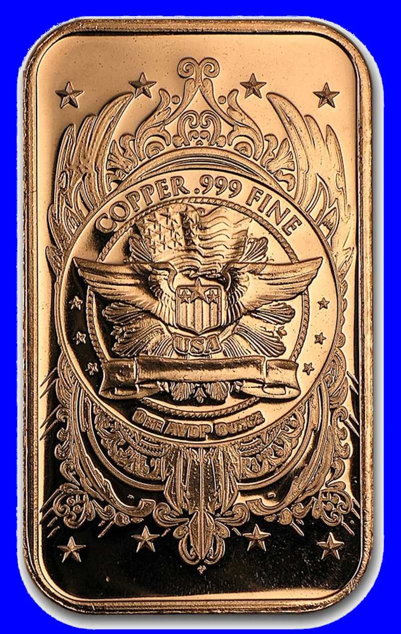 Barras de 1 Onça AVDP de Cobre Puro 999-USA