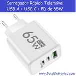 Carregador Rápido Telemóvel USB A + USB C + PD de 65W NOVO
