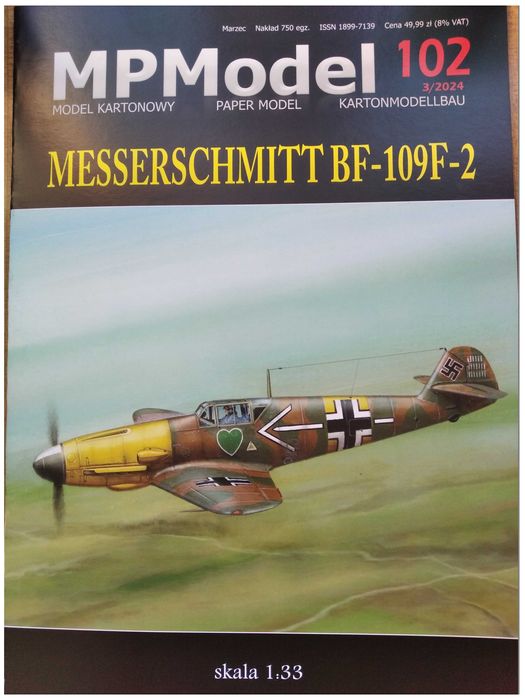 Model kartonowy myśliwiec Messerschmitt Bf-109F-2, MPModel 102, 1:33