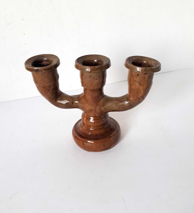 świecznik ceramiczny Iłża Chałupnik Cepelia trójramienny vintage