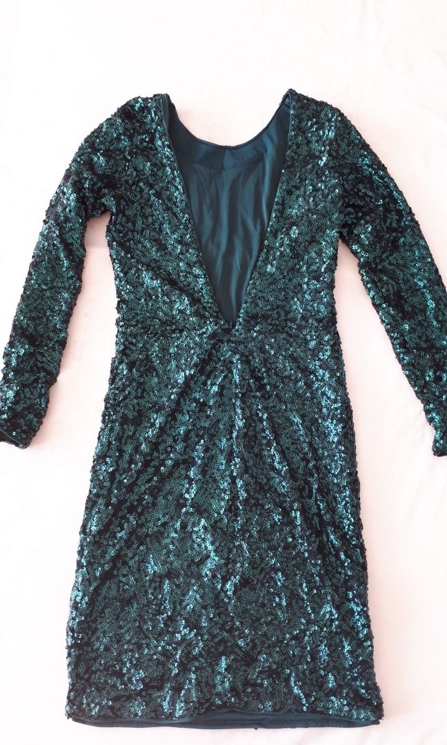 Sukienka mini cekiny Sylwester studniówka butelkowa zieleń plecy H&M X