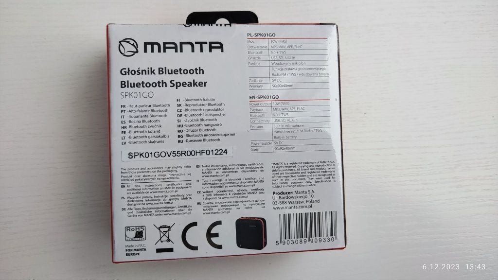 Głośnik Bluetooth Manta nowy