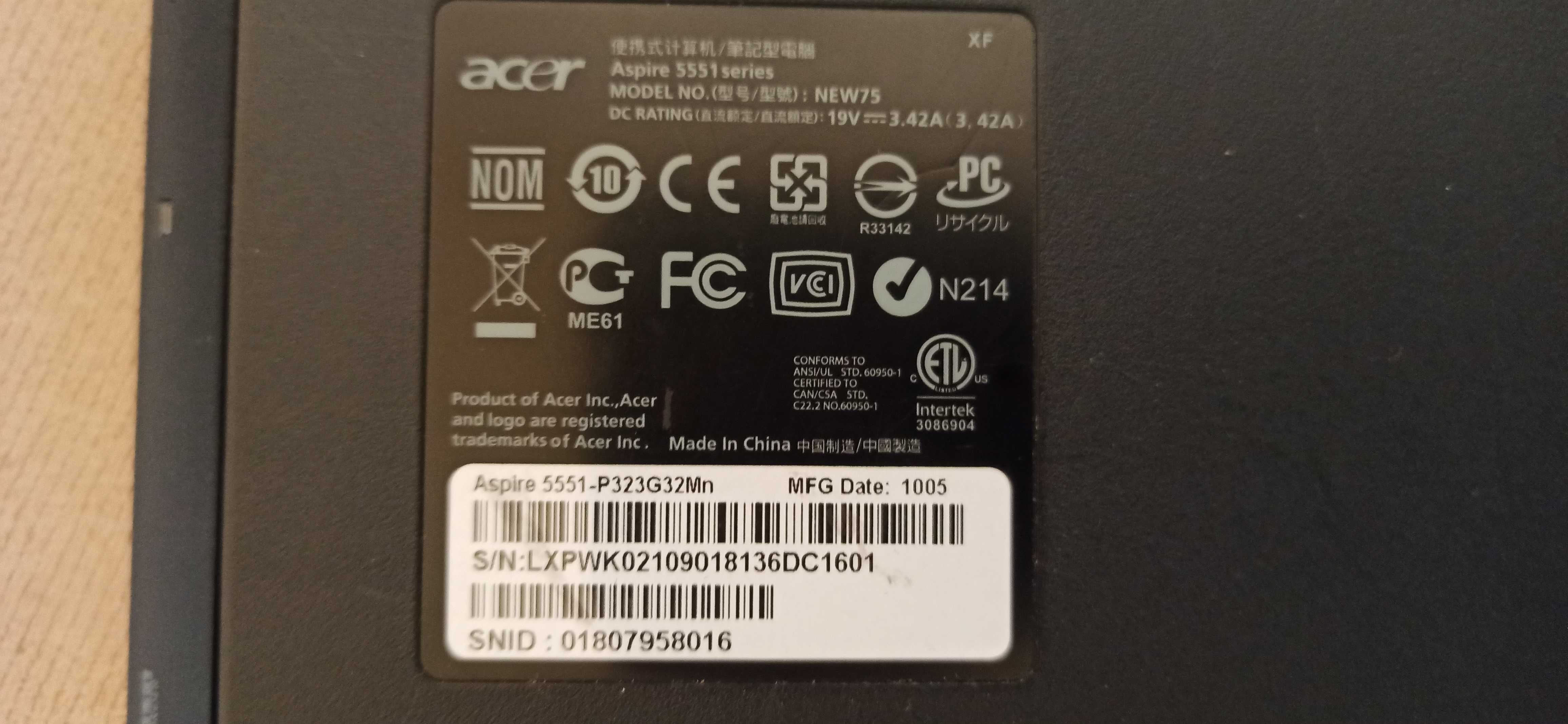Ноутбук Acer Aspire 5551 P323G32Min на запчасти или ремонт