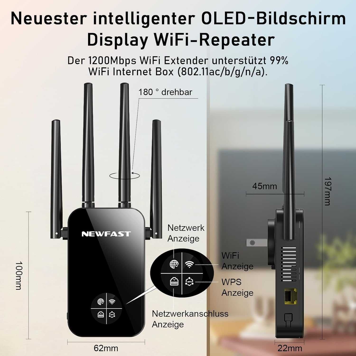 Wzmacniacz sygnału Wi-Fi NEWFAST NF-RE523 LSD 1200Mbps 4 anteny