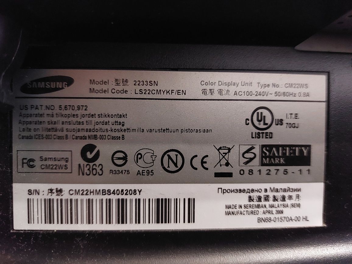 Monitor Samsung SyncMaster 2233SN  21,5 " Full HD 1920×1080.