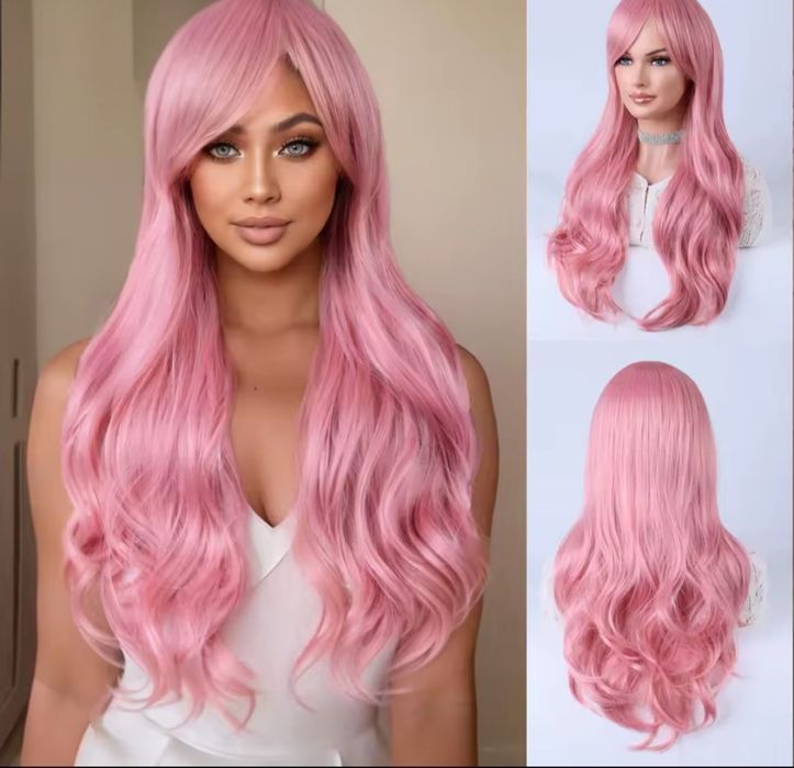 Peruka Włosy Długie Pasemka Różowe Falowane Kręcone Na Siatce