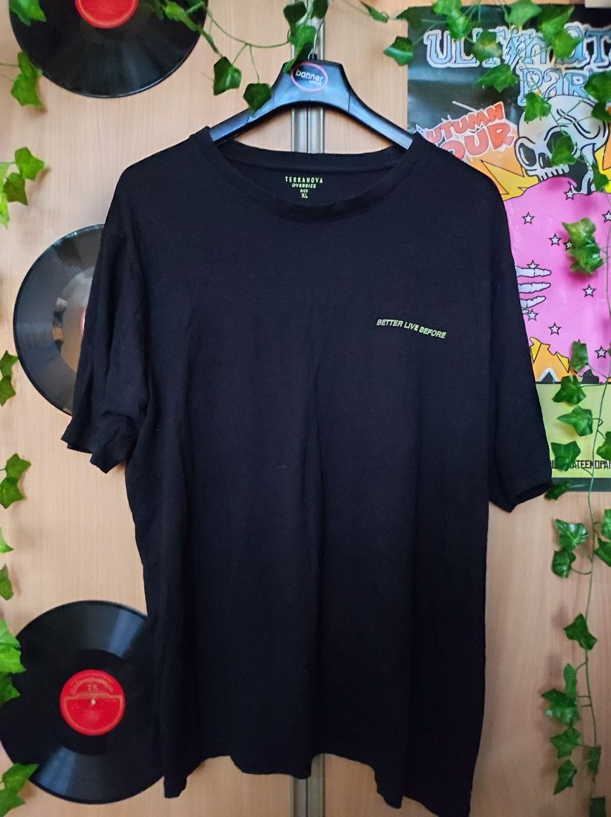 Czarny T-shirt Męski z Nadrukiem XL Oversize Terranova
