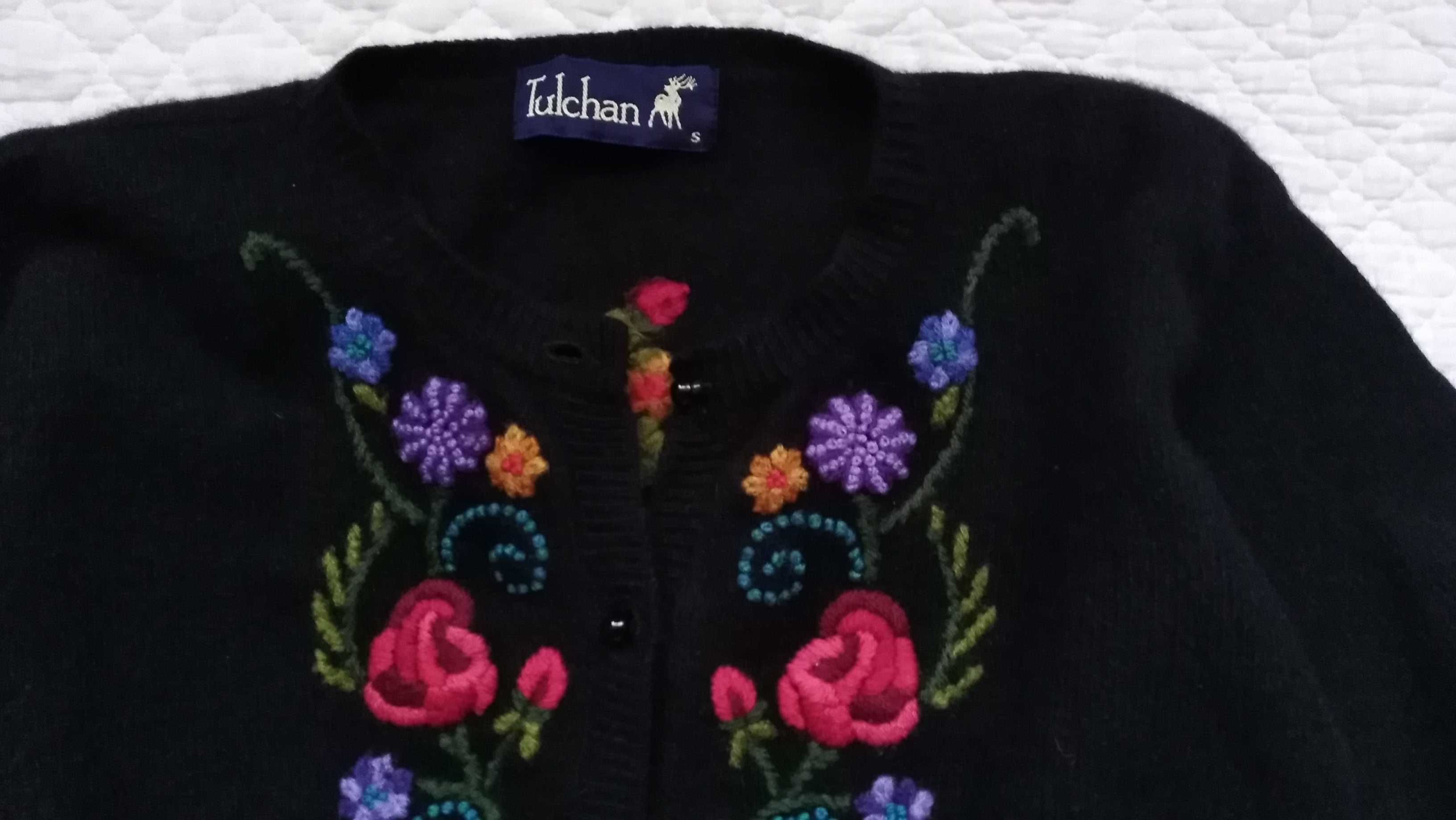 TULCHAN wełniany zjawiskowy sweter/kardigan Haft kwiaty boho folk 36
