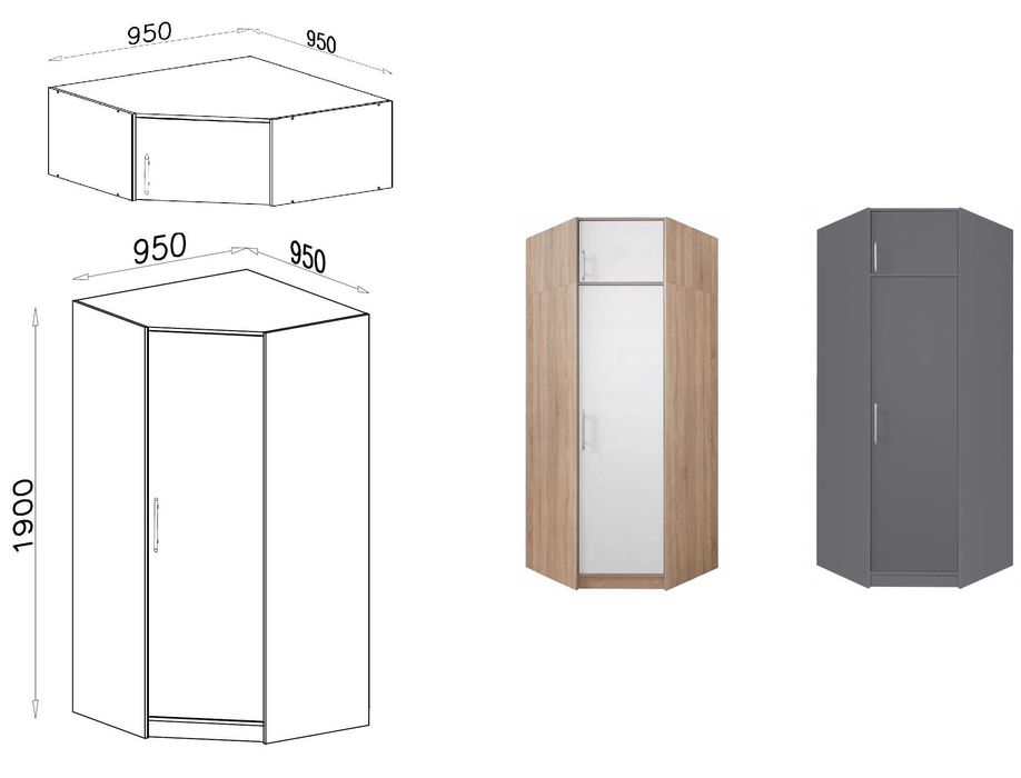 wysoka 230 cm szafa narożna z półkami dąb Kaszmir Antracyt sonoma HIT