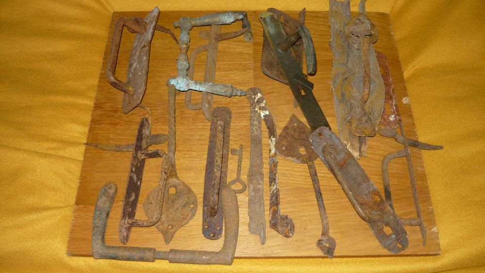 Skobel Zestaw zamek klamka mosiężna uchwyt rączka stara kowalska