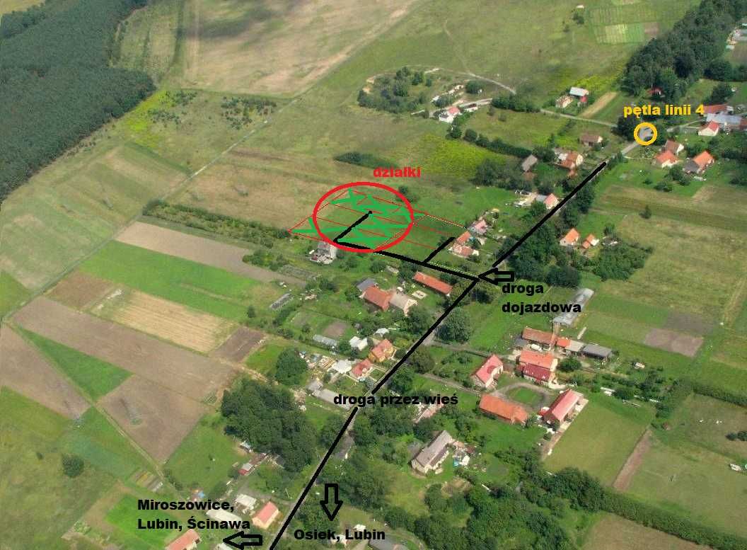 Działka budowlana 5 km od Lubina, 2 km od Osieka i Miroszowic