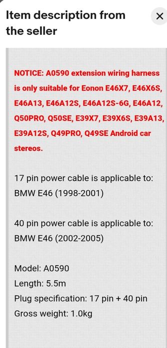 Cabo extensão Eonon A0590 40 pinos  para rádio automóvel BMW E46