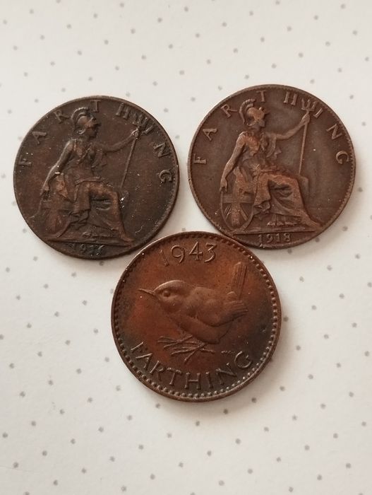 Moedas 1 Farthing 1916, 1918, 1925, 1928, 1939 e 1943 Inglaterra