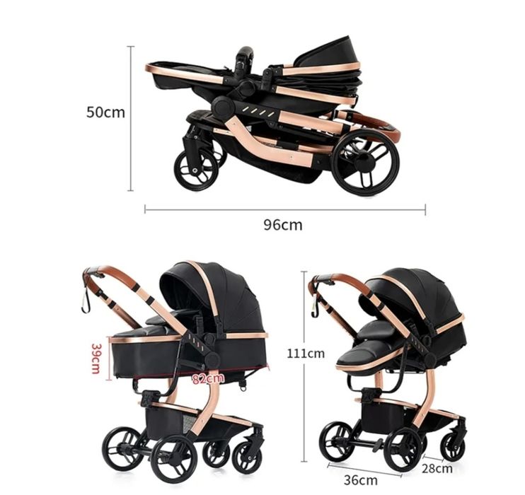 Czarno złoty wózek dziecięcy 3 w 1 design gondola spacerówka fotelik