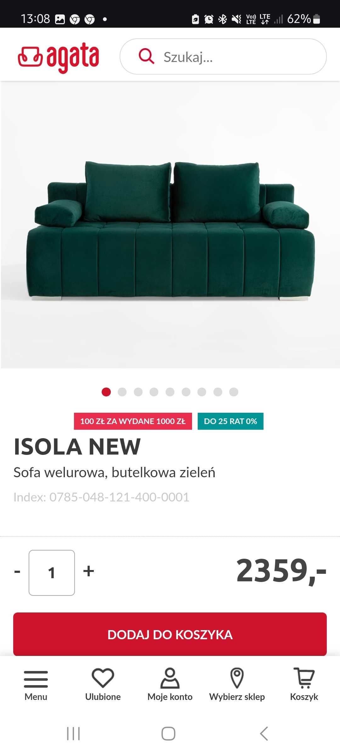 Welurowa butelkowa sofa