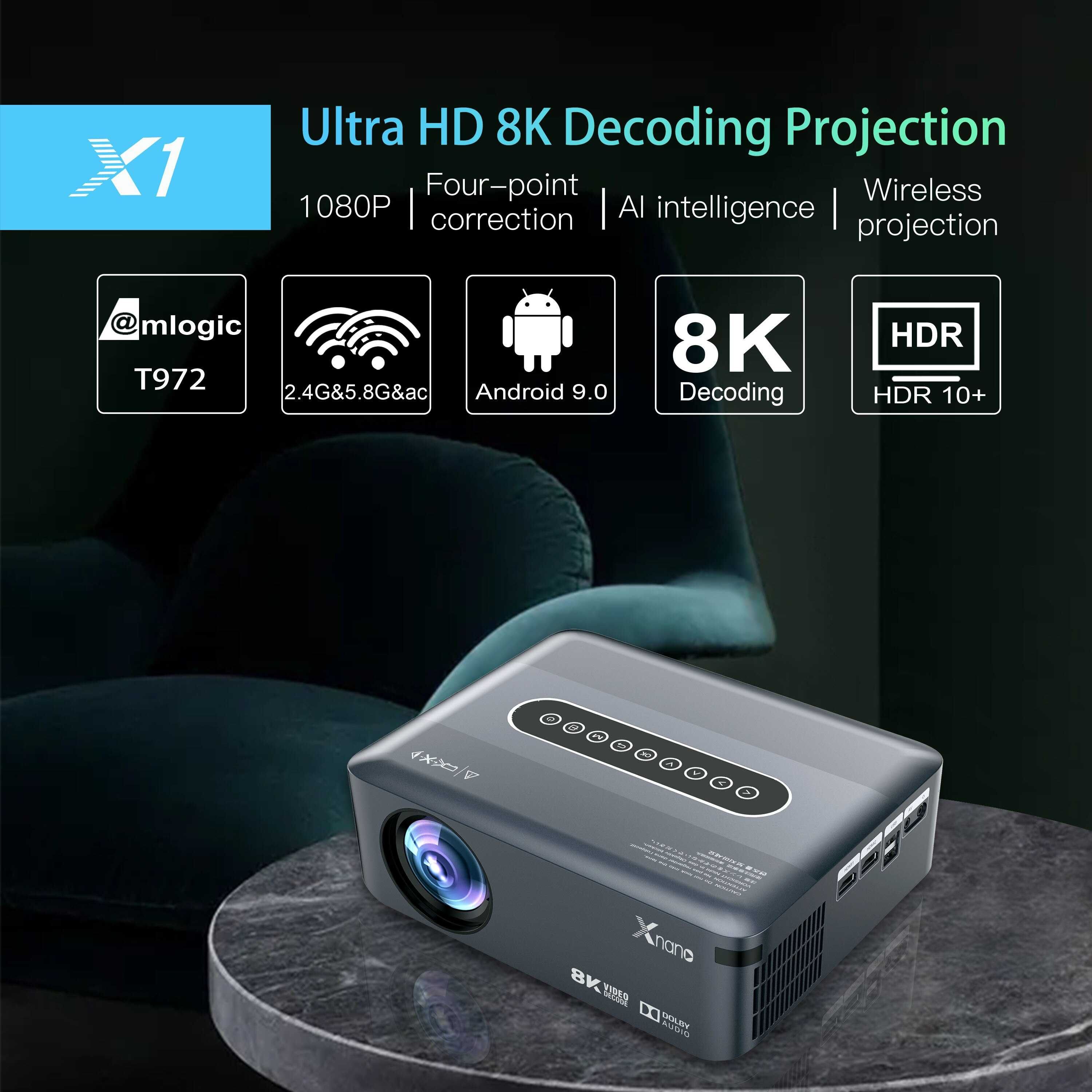 Projetor LED Android 9 _ 8K _ Full HD 1080p _ WiFi 5 _ Xnano X1