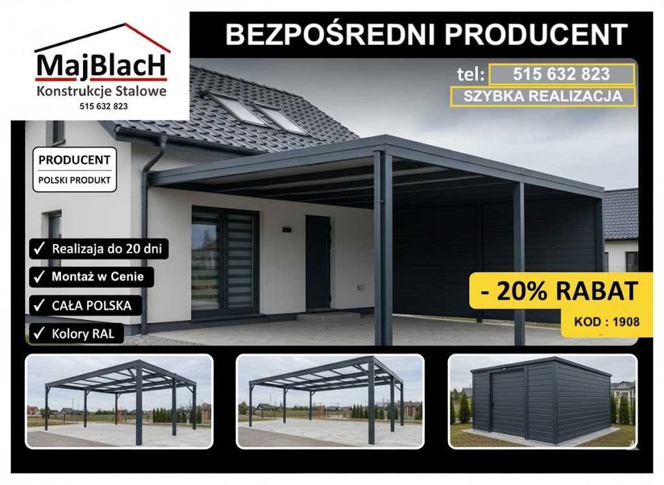 Garaż Blaszany BIAŁY + zadaszenie boczne  - Garaże Blaszane -Maj-Blach