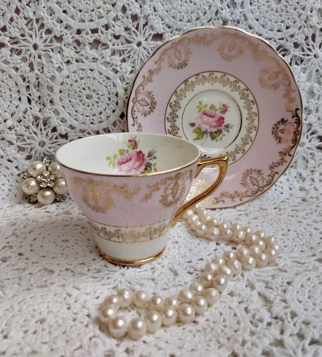 *Piękna Stara Różowa St Leonard Angielska Porcelana Filiżanka Złota