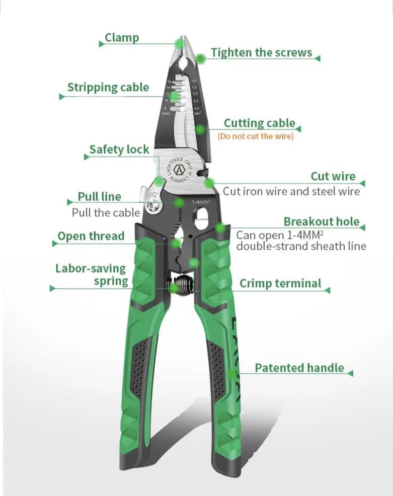 Инструмент электрика 9 в 1 плоскогубцы кримпер груглогубцы стриппер