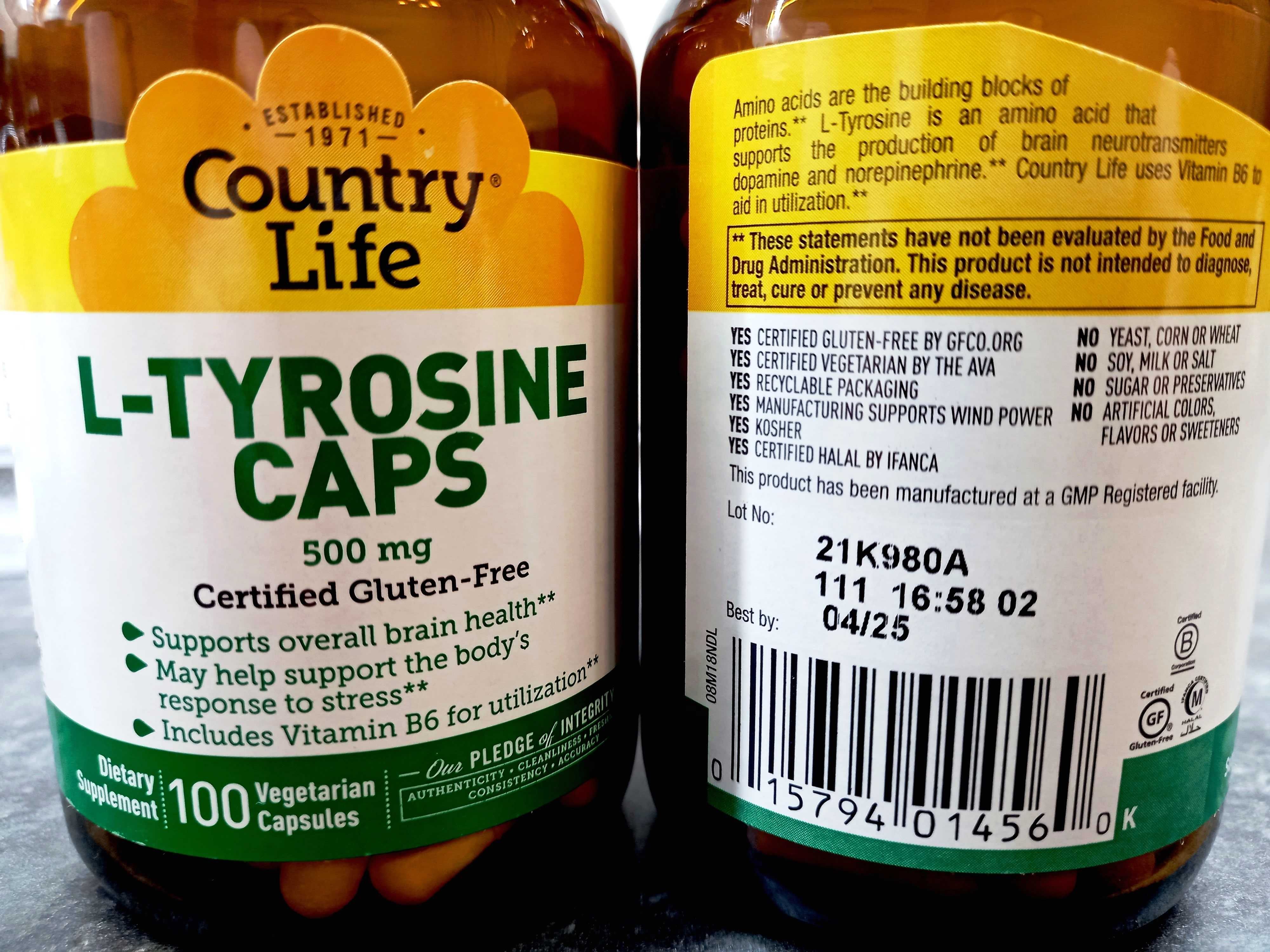 Country Life, L-Tyrosine Caps 500 мг (100 капс.), l-тирозин, тирозин