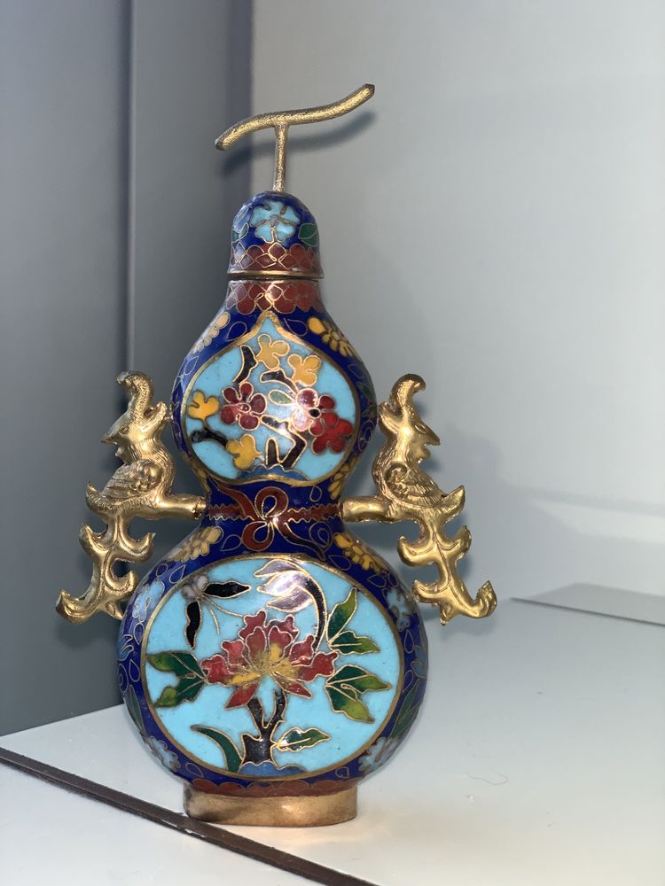 Rara Snuff bottle chinesa em cloisonné com double gourd