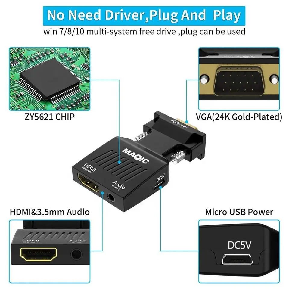 Адаптер VGA на HDMI со звуком и питанием