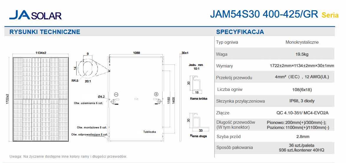 panel fotowoltaiczny moduł JA Solar  420W Jinko Longi