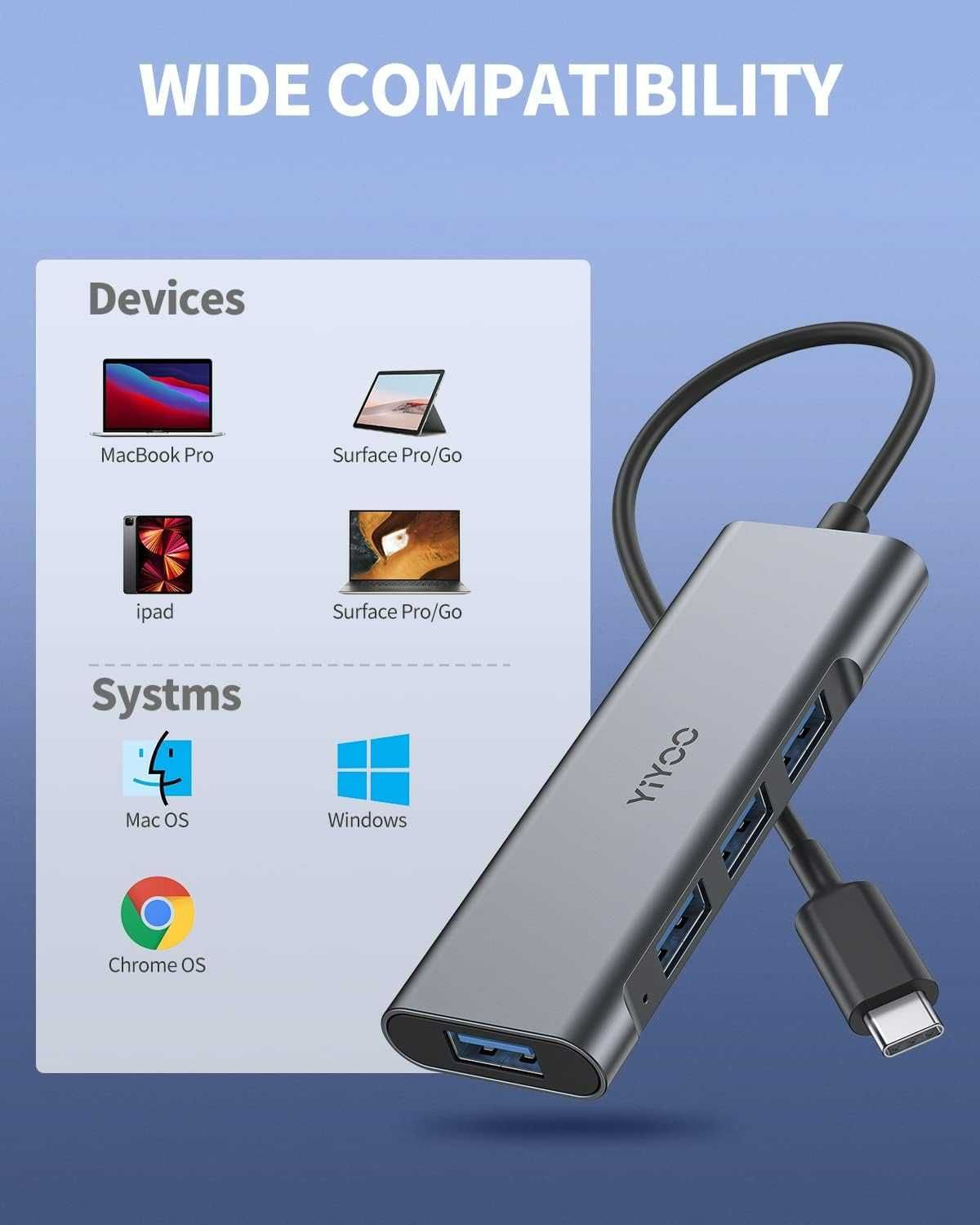 YIYOO 4-w-1 USB C HUB, stacja dokująca USB C z 4 USB 3.0,  5 Gb/s