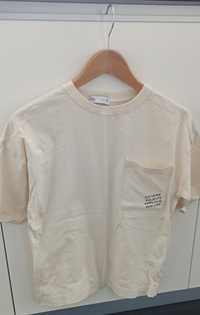 Zara bluzka t-shirt crop top kremowy z kieszonką z napisami