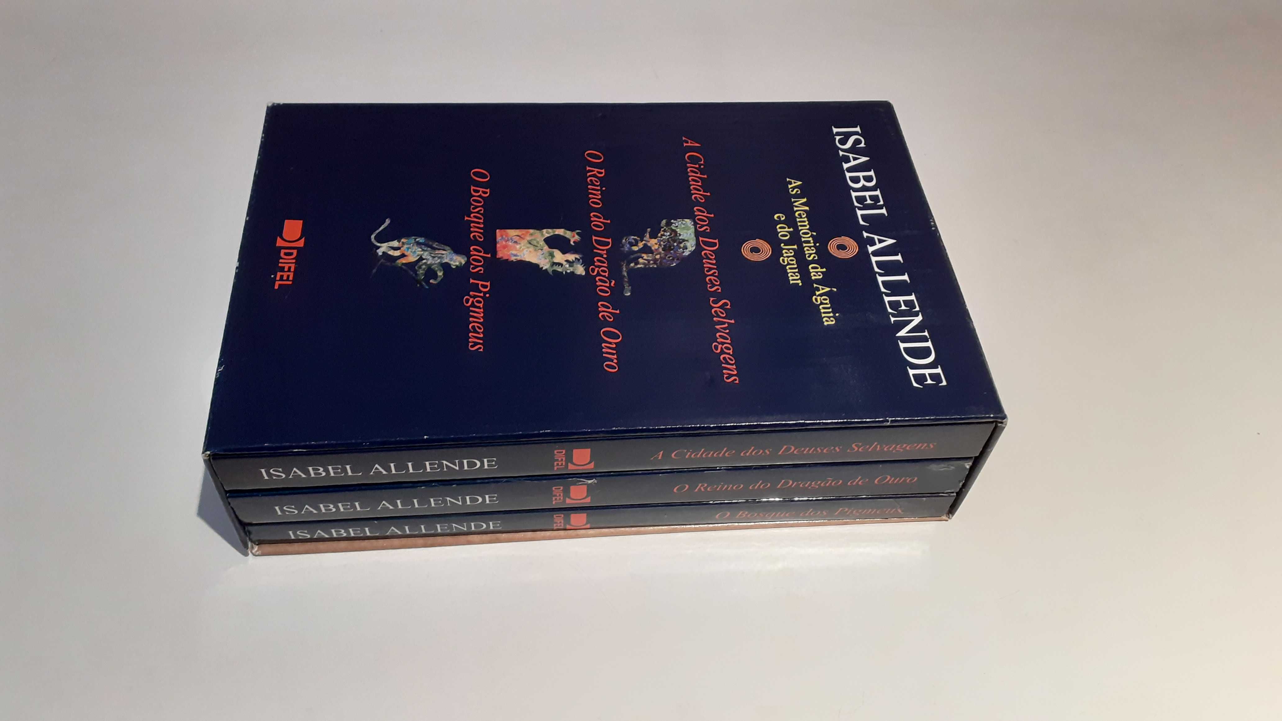 Conjunto de três livros novos de Isabel Allende com caixa arquivadora