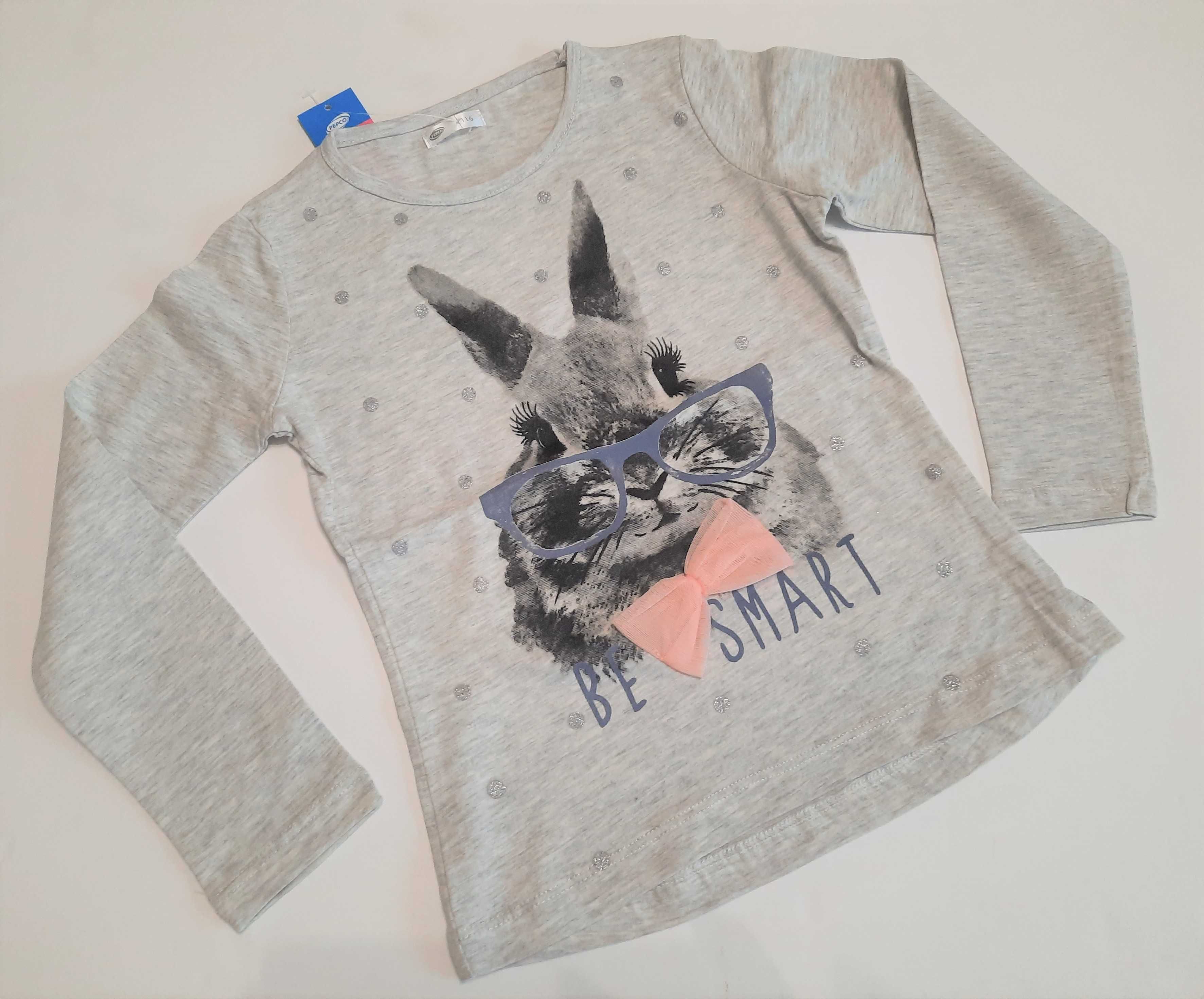 Bluzeczka bluzka t-shirt szara zając królik brokatowe srebrne roz 116