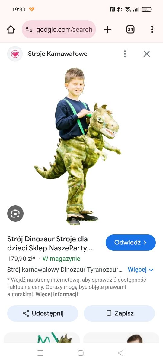 Strój na bal karnawałowy dinozaur 3-4 lata