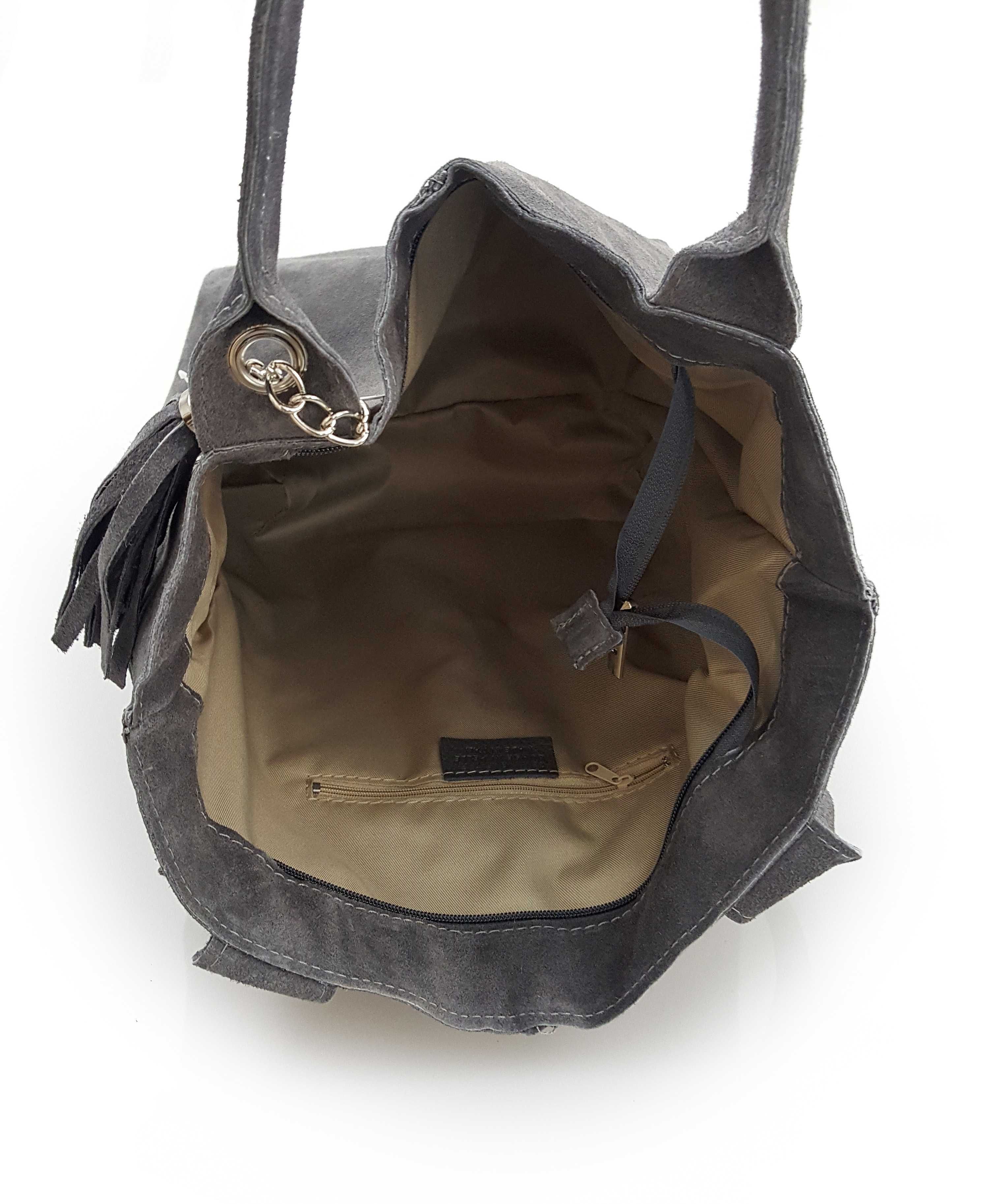 VERA PELLE torebka zamszowa worek shopper z suwakiem V146 taupe