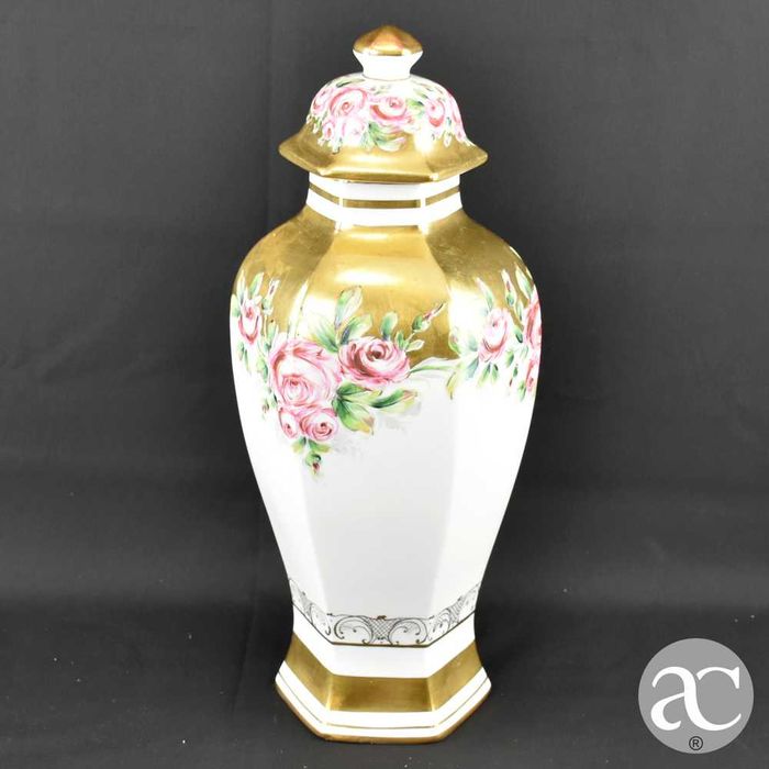 Pote com tampa hexagonal porcelana Artibus, pintado a ouro e à mão